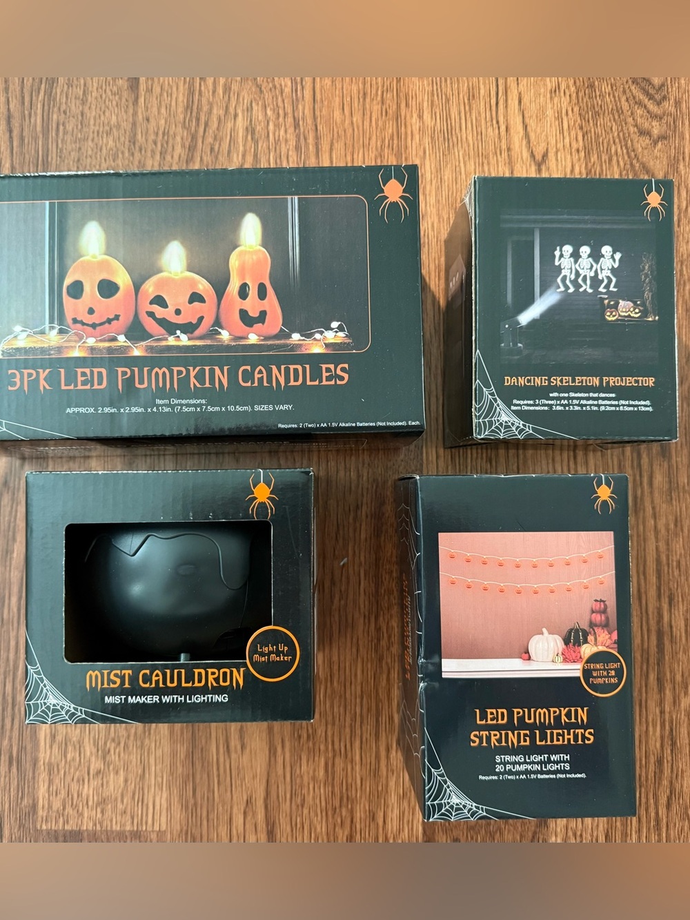 4PC Halloween decor pumpkin candles skeleton projector mist cauldron & lights